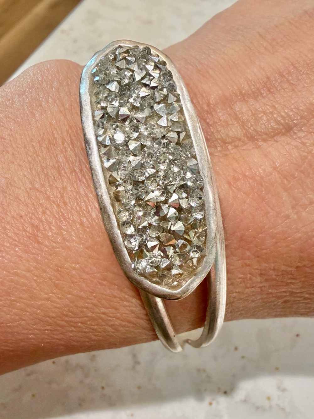 Vintage Silvertone Wide Split Cuff Bracelet with Oval Platinum Druzy Crystal Set